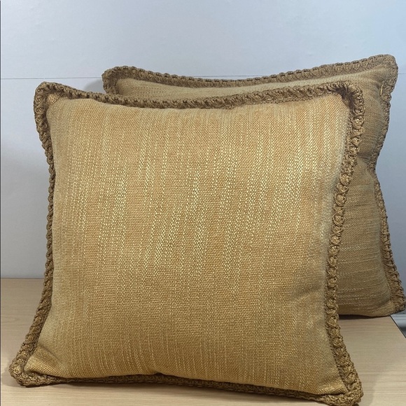 Golden Tan Tweed Accent Pillows with Stitched Jute Trim - Picture 1 of 7